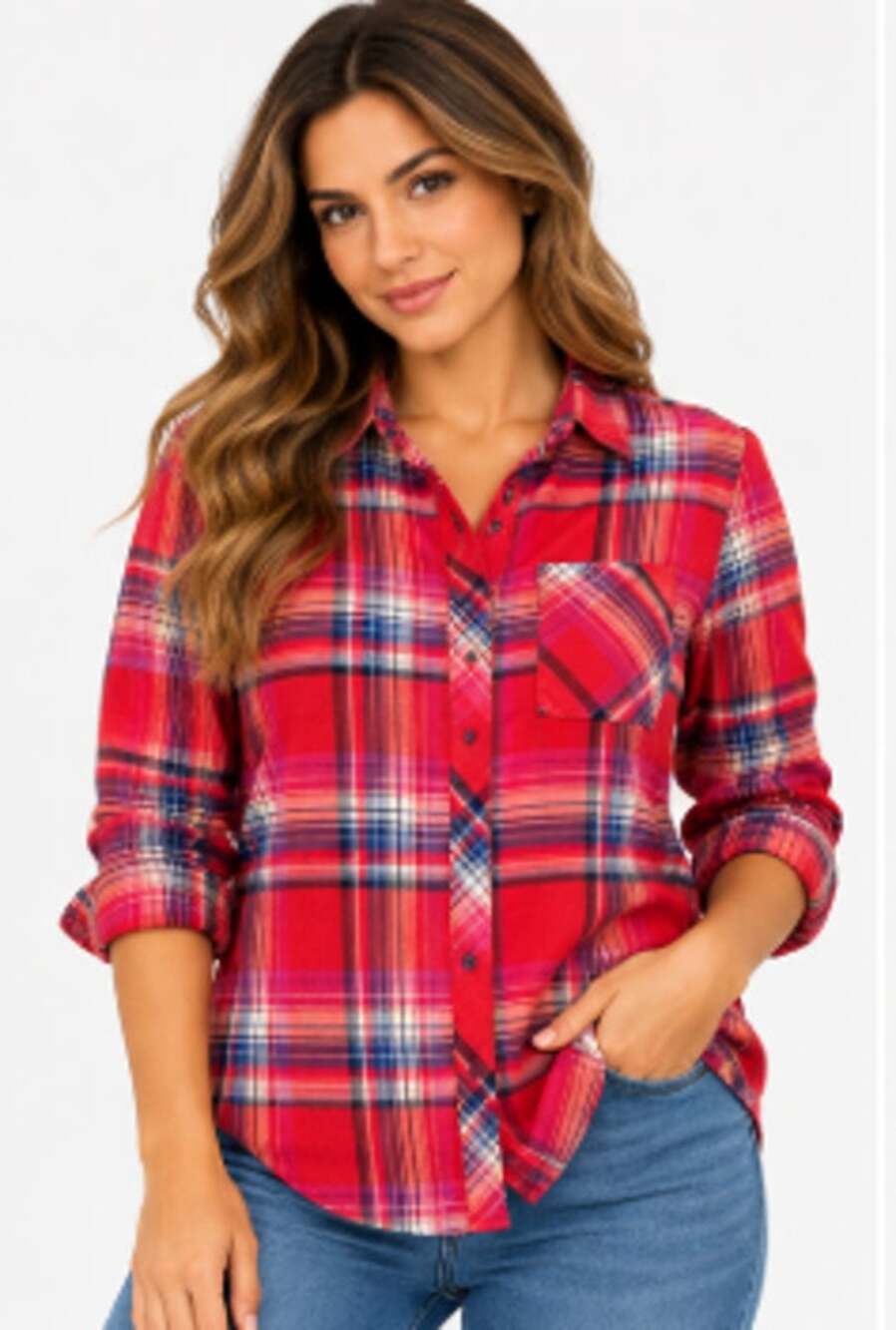 Red blue and white plaid button down shirt